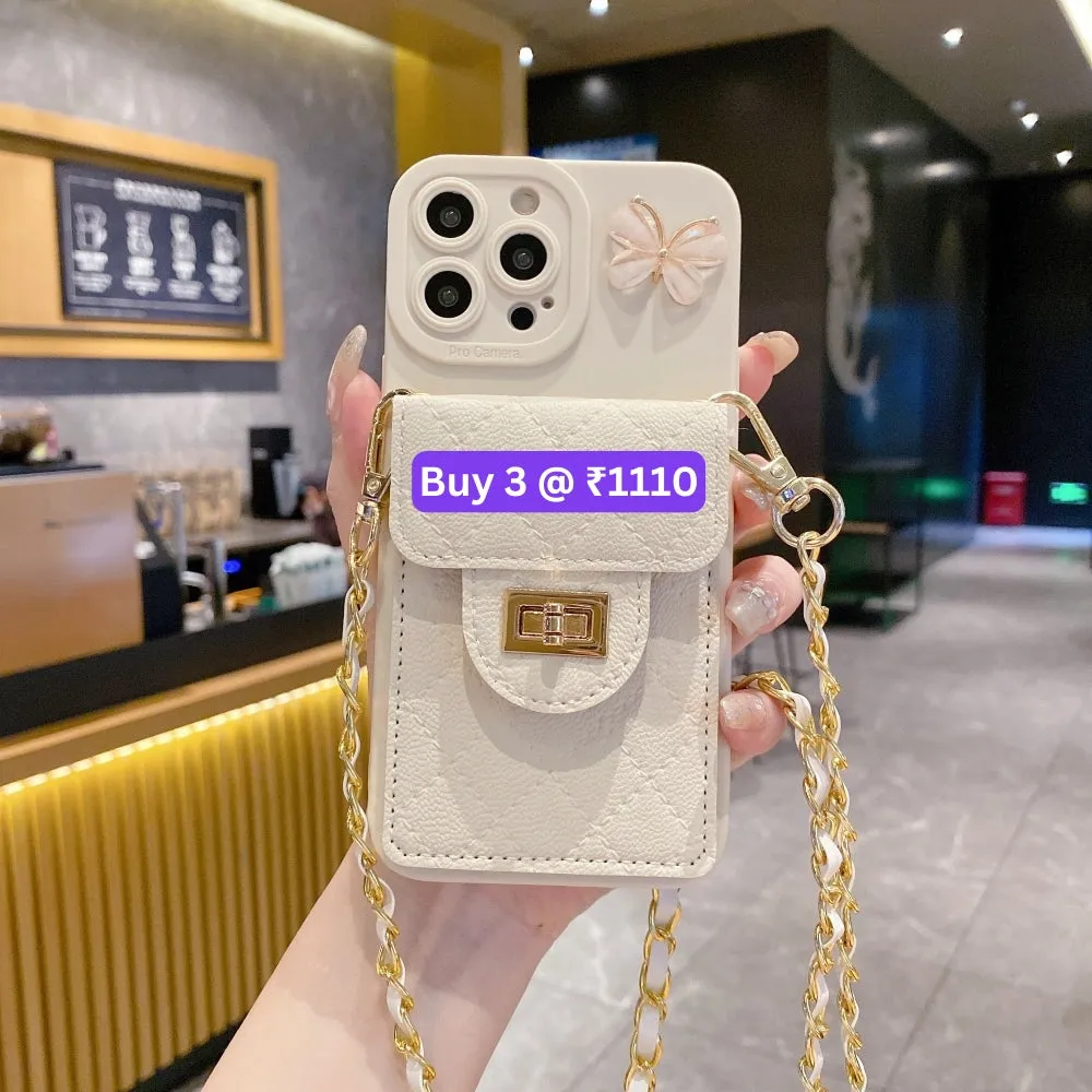 Luxury PU Leather Wallet Silicone Phone Case with Crossbody Chain Card Slot Bag - iPhone 15 Pro