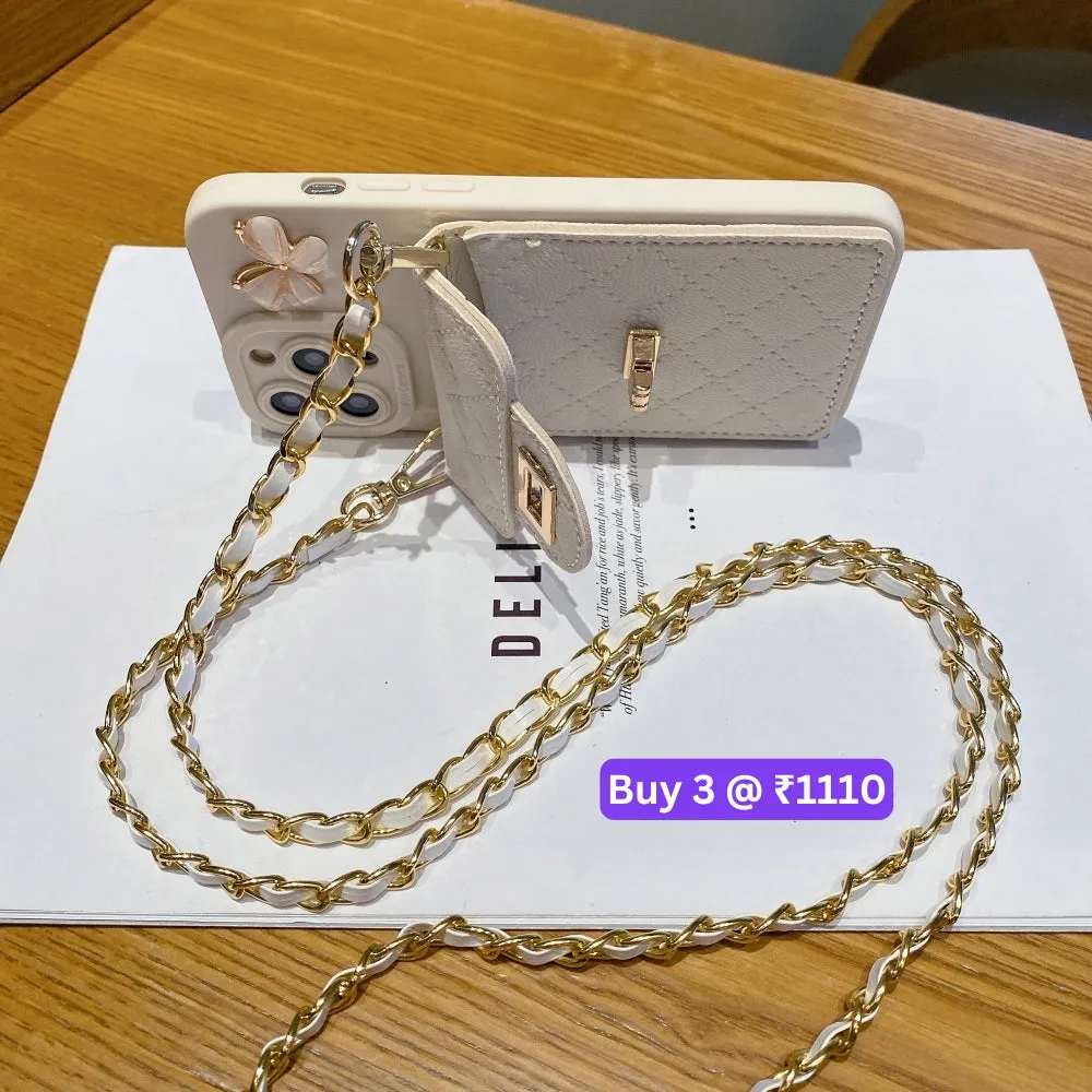 Luxury PU Leather Wallet Silicone Phone Case with Crossbody Chain Card Slot Bag - iPhone 15 Pro