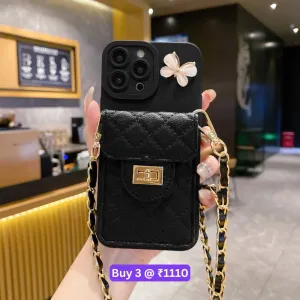 Luxury PU Leather Wallet Silicone Phone Case with Crossbody Chain Card Slot Bag - iPhone 15 Pro