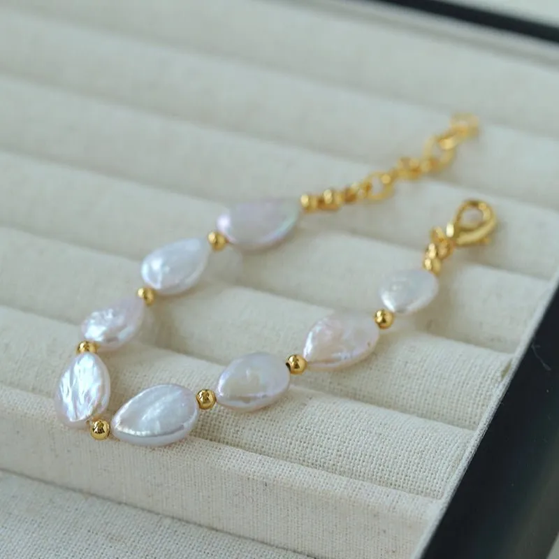 Mini Gold Bead and Teardrop Baroque Pearl Bracelet