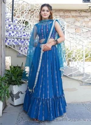 Mukaish Work Ruffle Dusty Blue Lehenga