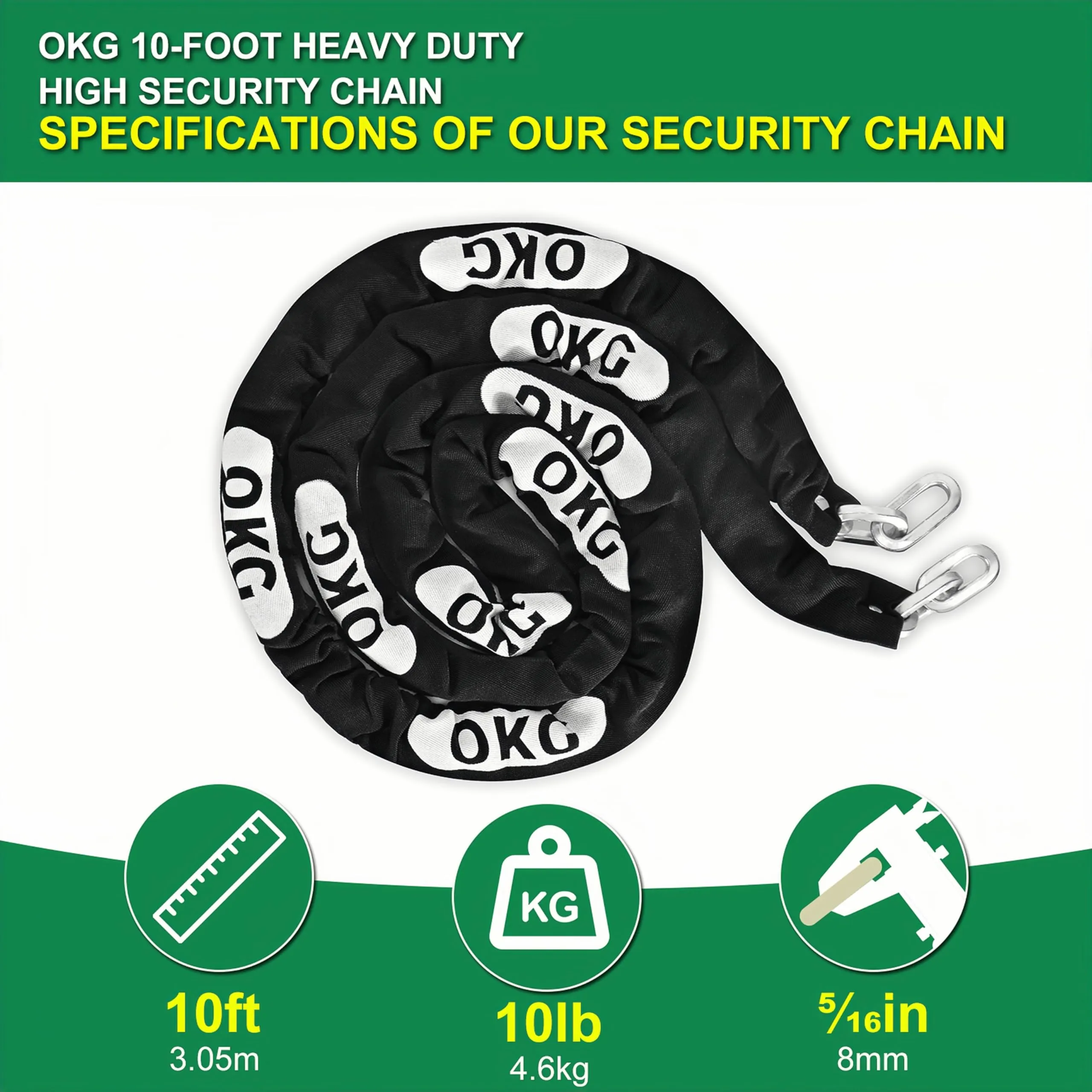 OKG Heavy Duty Security Chain - 10 Foot x 5/16” Thick Square Security Chain - Hardened Steel Anti Theft Chain for Bikes, Motorcycles, 2 Wheeled Vehicles, Industrial Property