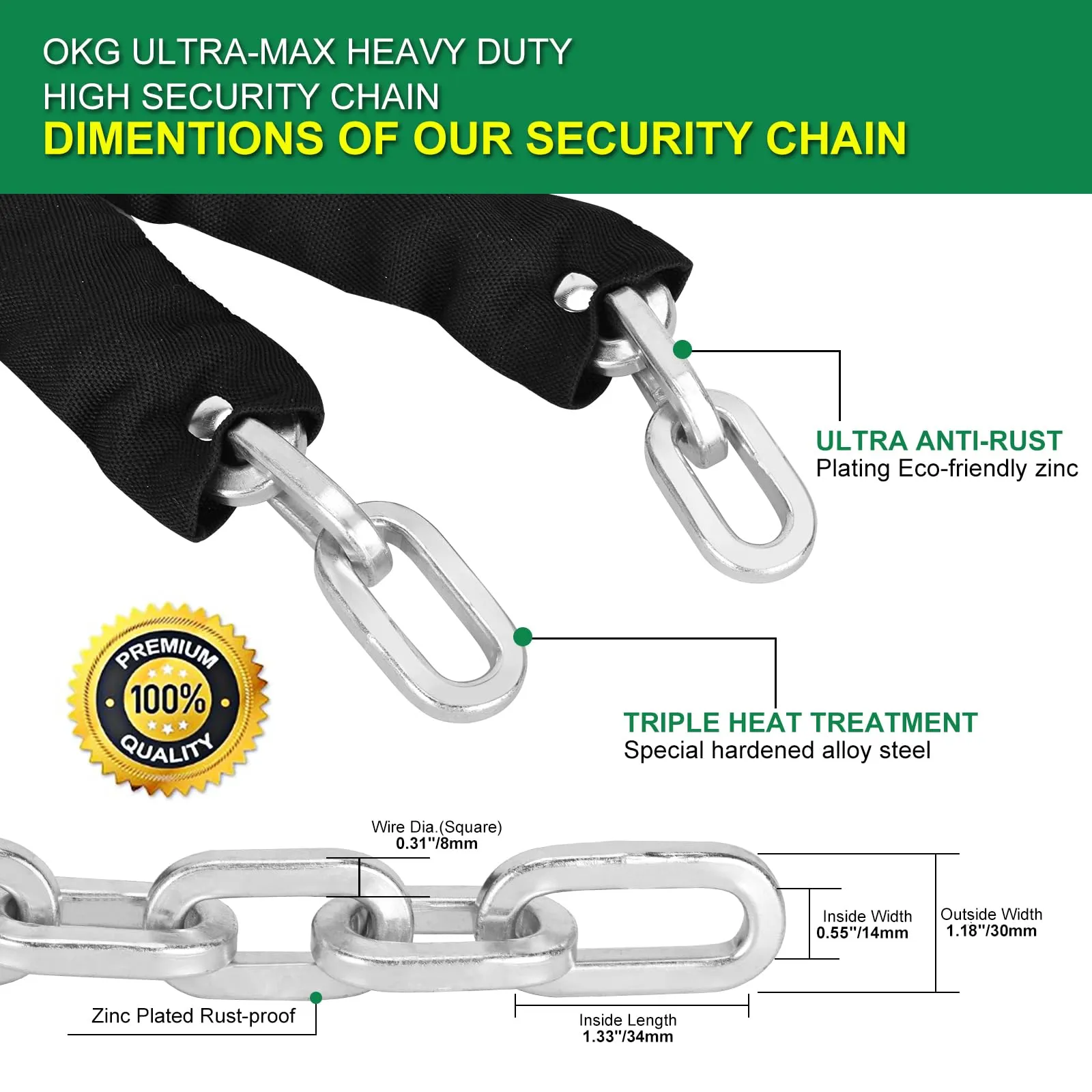 OKG Heavy Duty Security Chain - 10 Foot x 5/16” Thick Square Security Chain - Hardened Steel Anti Theft Chain for Bikes, Motorcycles, 2 Wheeled Vehicles, Industrial Property