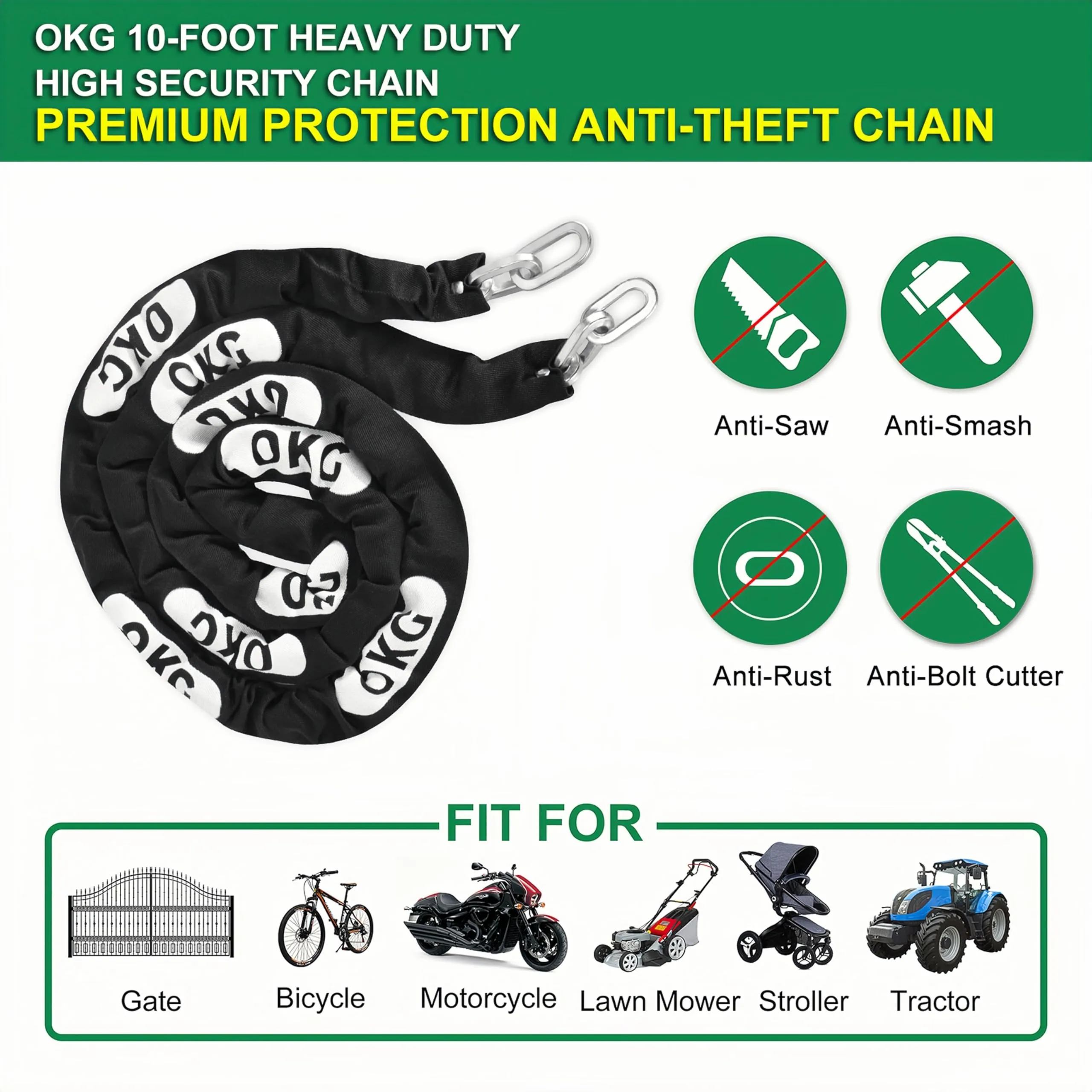 OKG Heavy Duty Security Chain - 10 Foot x 5/16” Thick Square Security Chain - Hardened Steel Anti Theft Chain for Bikes, Motorcycles, 2 Wheeled Vehicles, Industrial Property