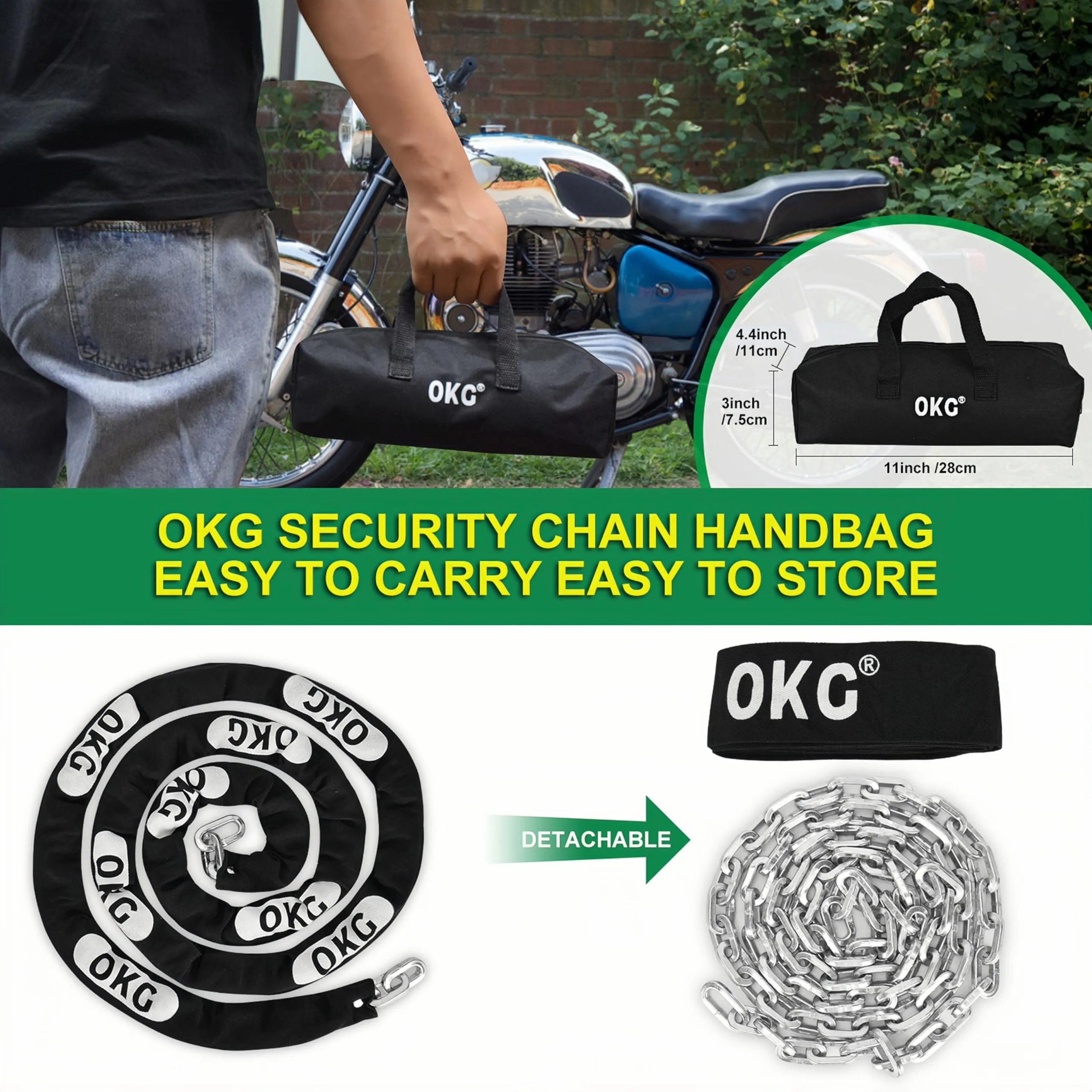 OKG Heavy Duty Security Chain - 10 Foot x 5/16” Thick Square Security Chain - Hardened Steel Anti Theft Chain for Bikes, Motorcycles, 2 Wheeled Vehicles, Industrial Property
