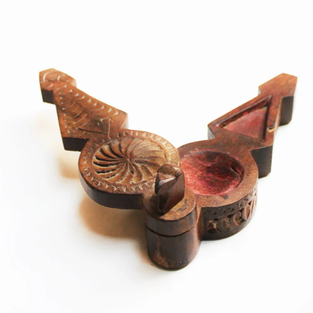 Peacock Shaped Wooden Tikka | Vermillion Box With Floral Engraving. L 21  x W 7  x H 7 cm