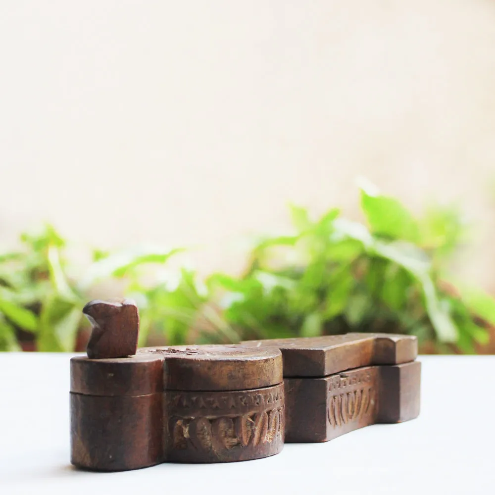 Peacock Shaped Wooden Tikka | Vermillion Box With Floral Engraving. L 21  x W 7  x H 7 cm