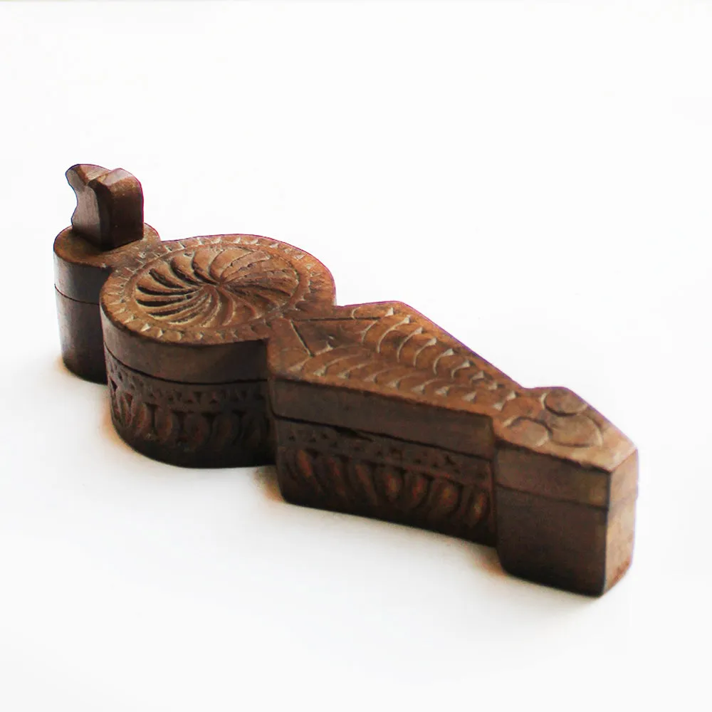 Peacock Shaped Wooden Tikka | Vermillion Box With Floral Engraving. L 21  x W 7  x H 7 cm