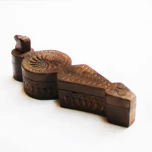 Peacock Shaped Wooden Tikka | Vermillion Box With Floral Engraving. L 21  x W 7  x H 7 cm