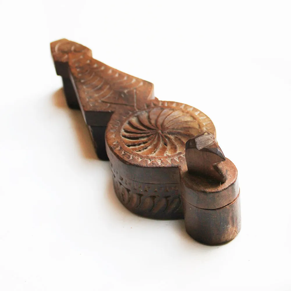 Peacock Shaped Wooden Tikka | Vermillion Box With Floral Engraving. L 21  x W 7  x H 7 cm