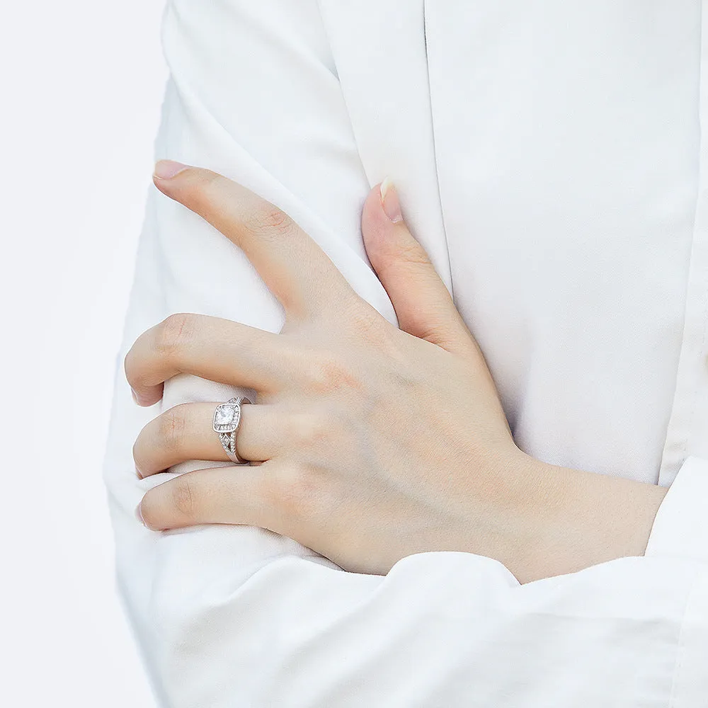 Princess Cut Zircon Soleste Halo Luxurious Silver Ring
