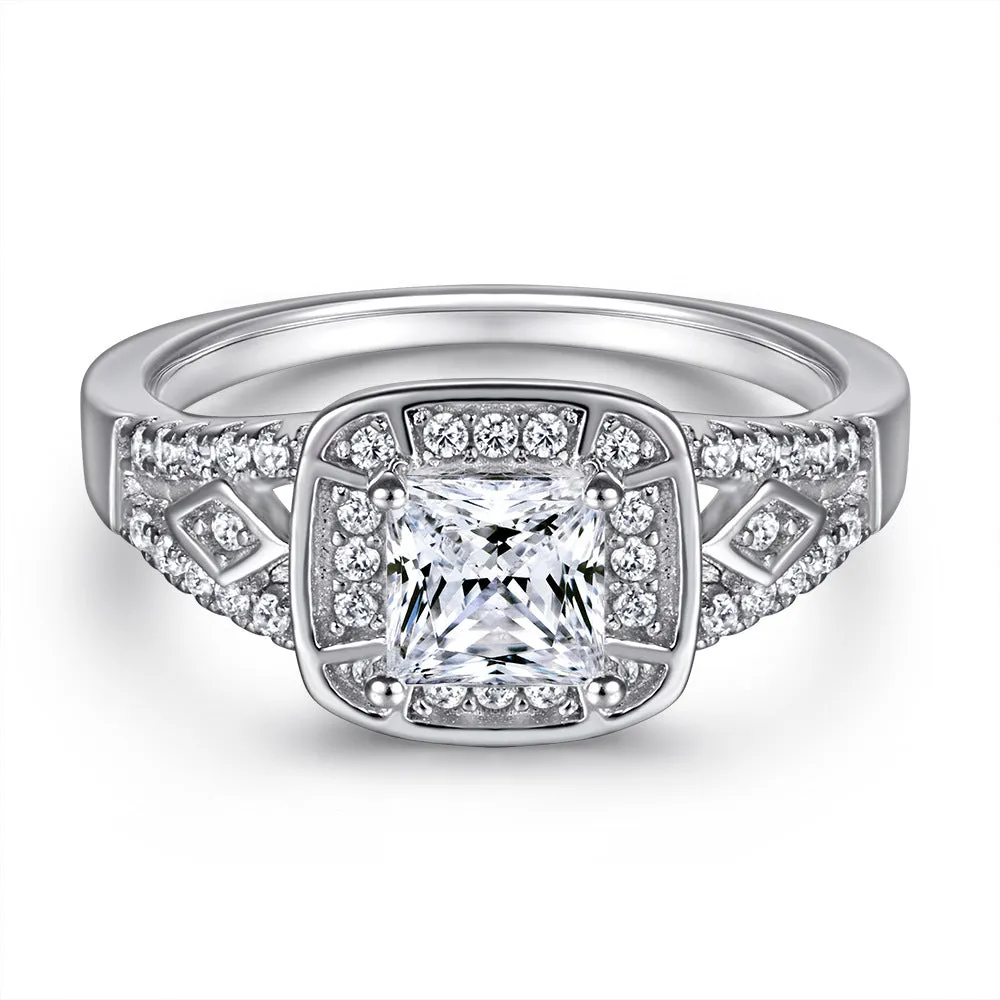 Princess Cut Zircon Soleste Halo Luxurious Silver Ring