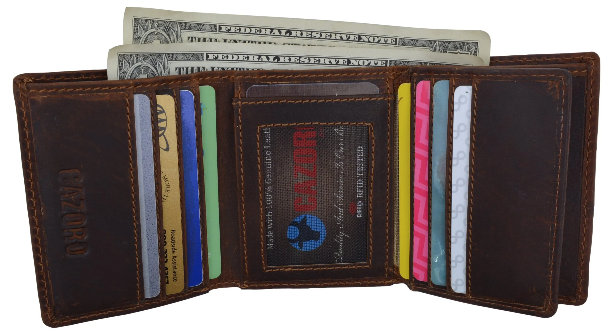 RFID Blocking Cazoro Mens Premium Vintage Leather Trifold Credit Card ID Wallet 611107RHU