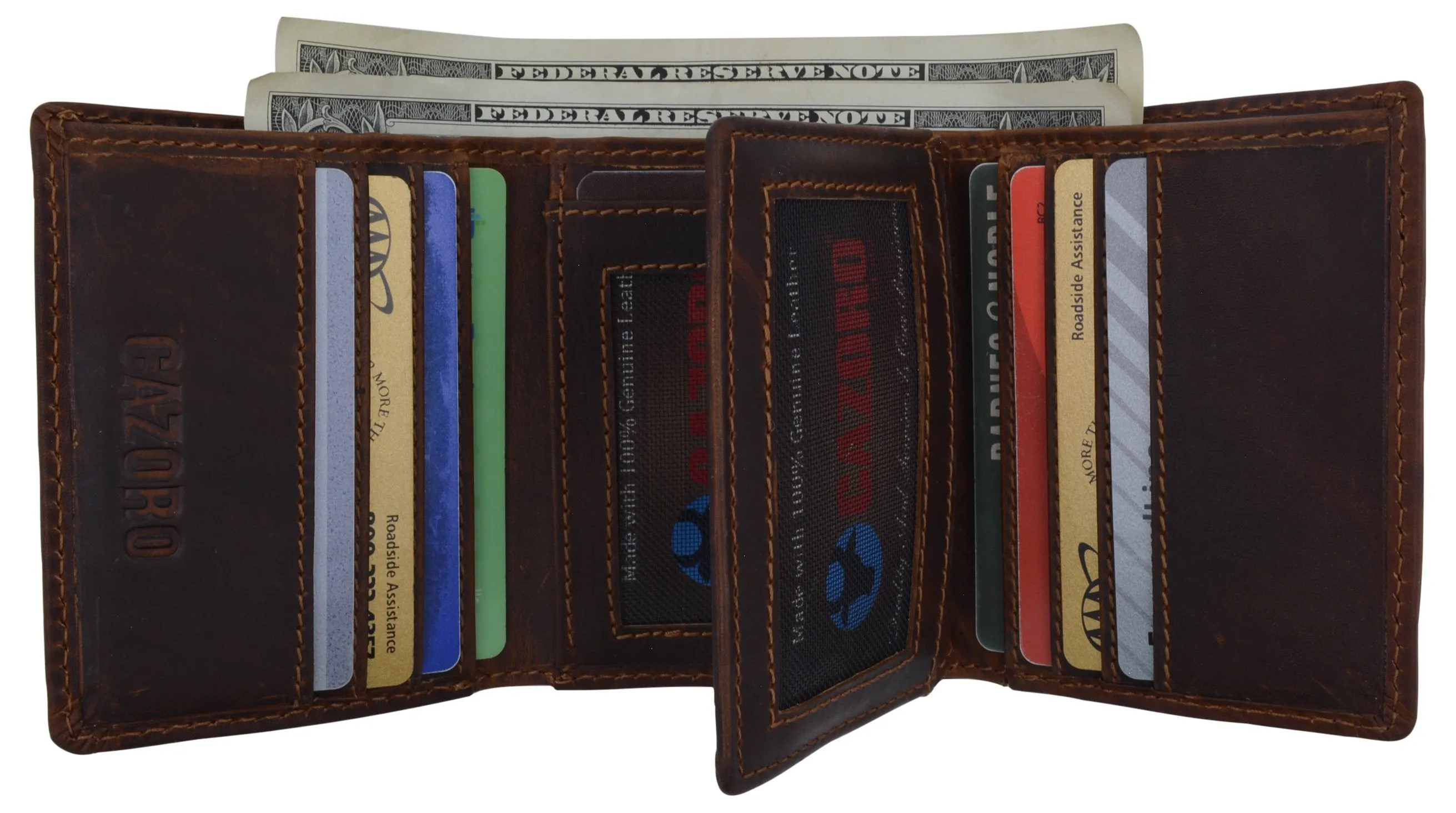 RFID Blocking Cazoro Mens Premium Vintage Leather Trifold Credit Card ID Wallet 611107RHU