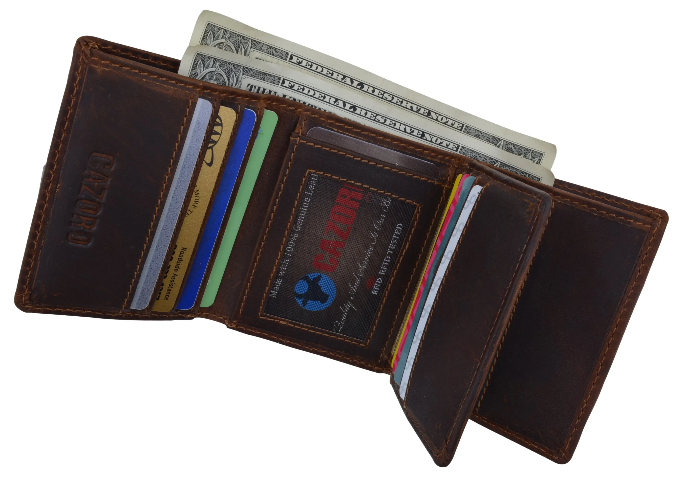 RFID Blocking Cazoro Mens Premium Vintage Leather Trifold Credit Card ID Wallet 611107RHU