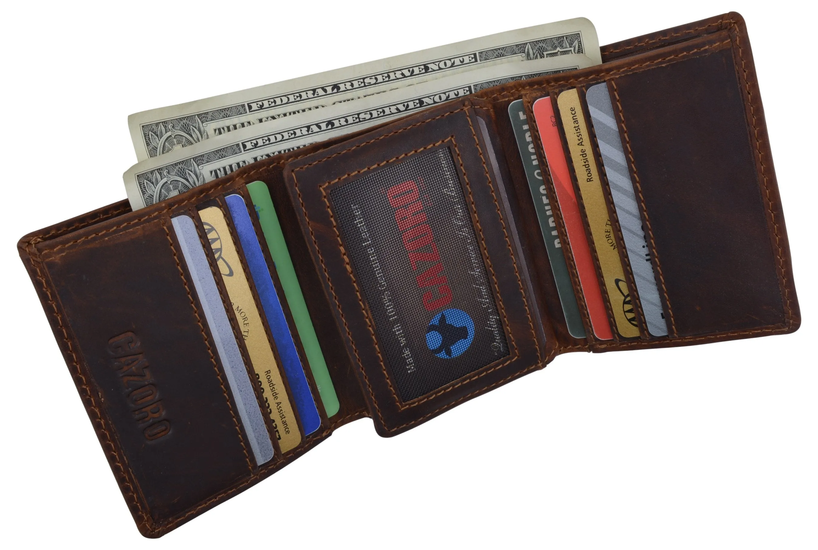 RFID Blocking Cazoro Mens Premium Vintage Leather Trifold Credit Card ID Wallet 611107RHU