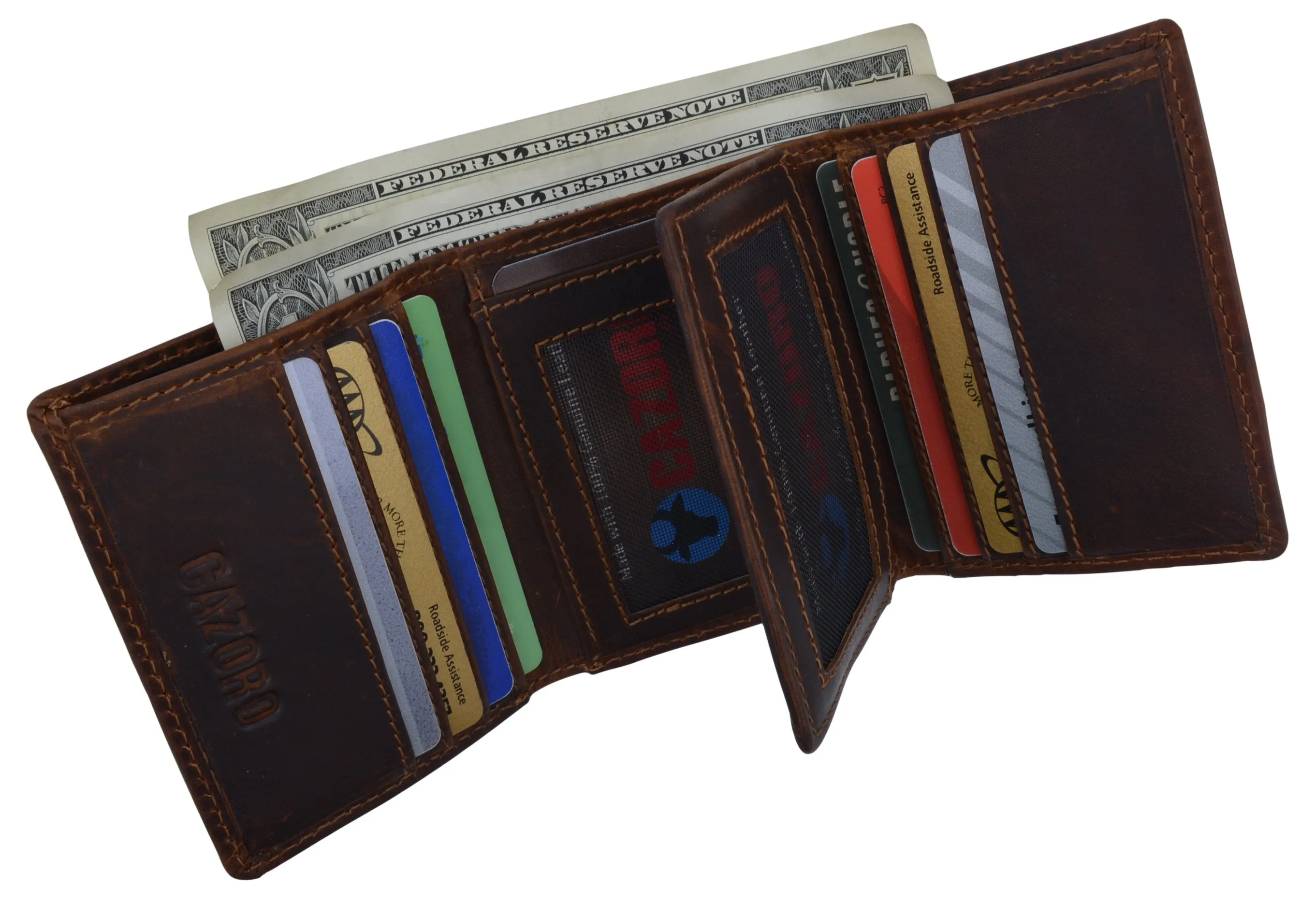 RFID Blocking Cazoro Mens Premium Vintage Leather Trifold Credit Card ID Wallet 611107RHU
