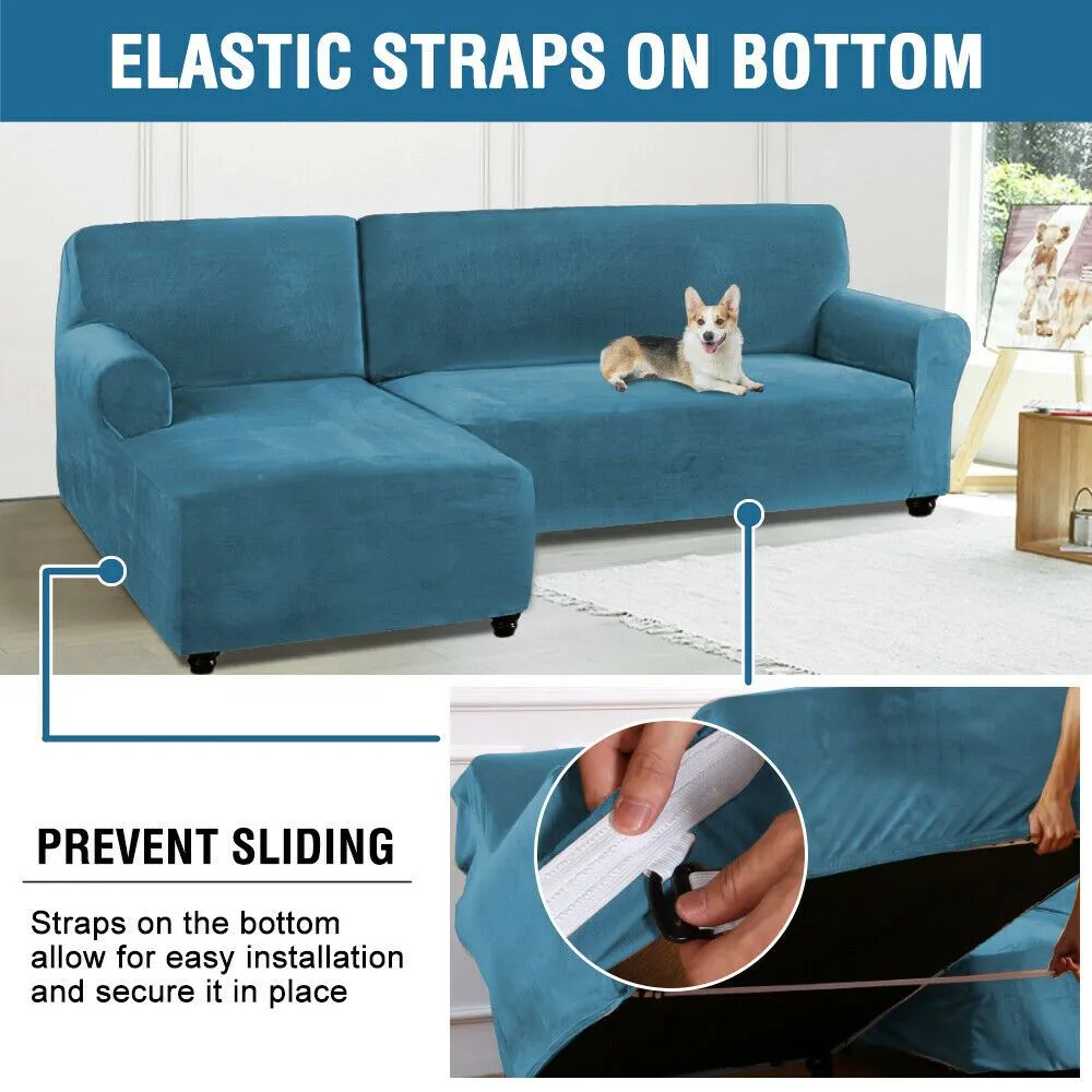 Rich Velvet Stretch  L-Shaped Sofa Slipover Thick Left Chaise Lounge Slip Cover
