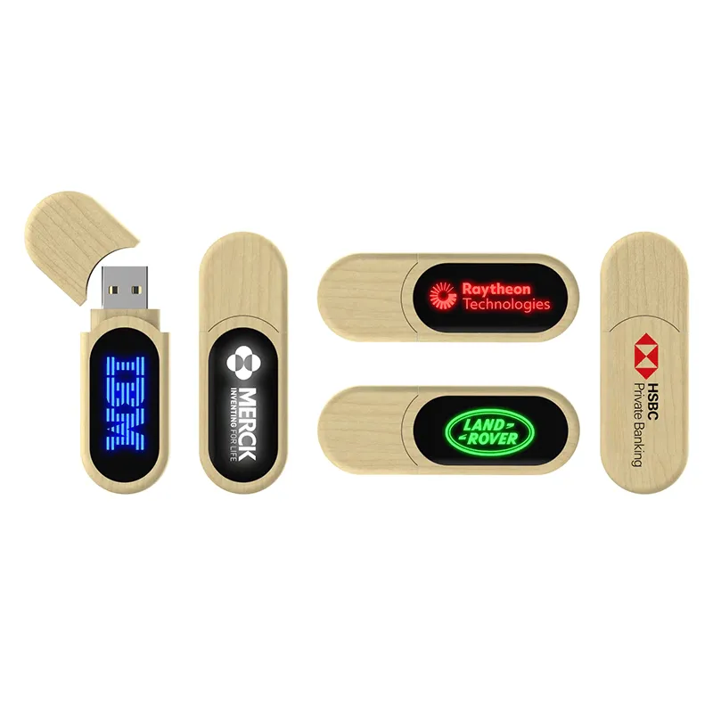 Round Wooden USB Flash Drive with LED Logo