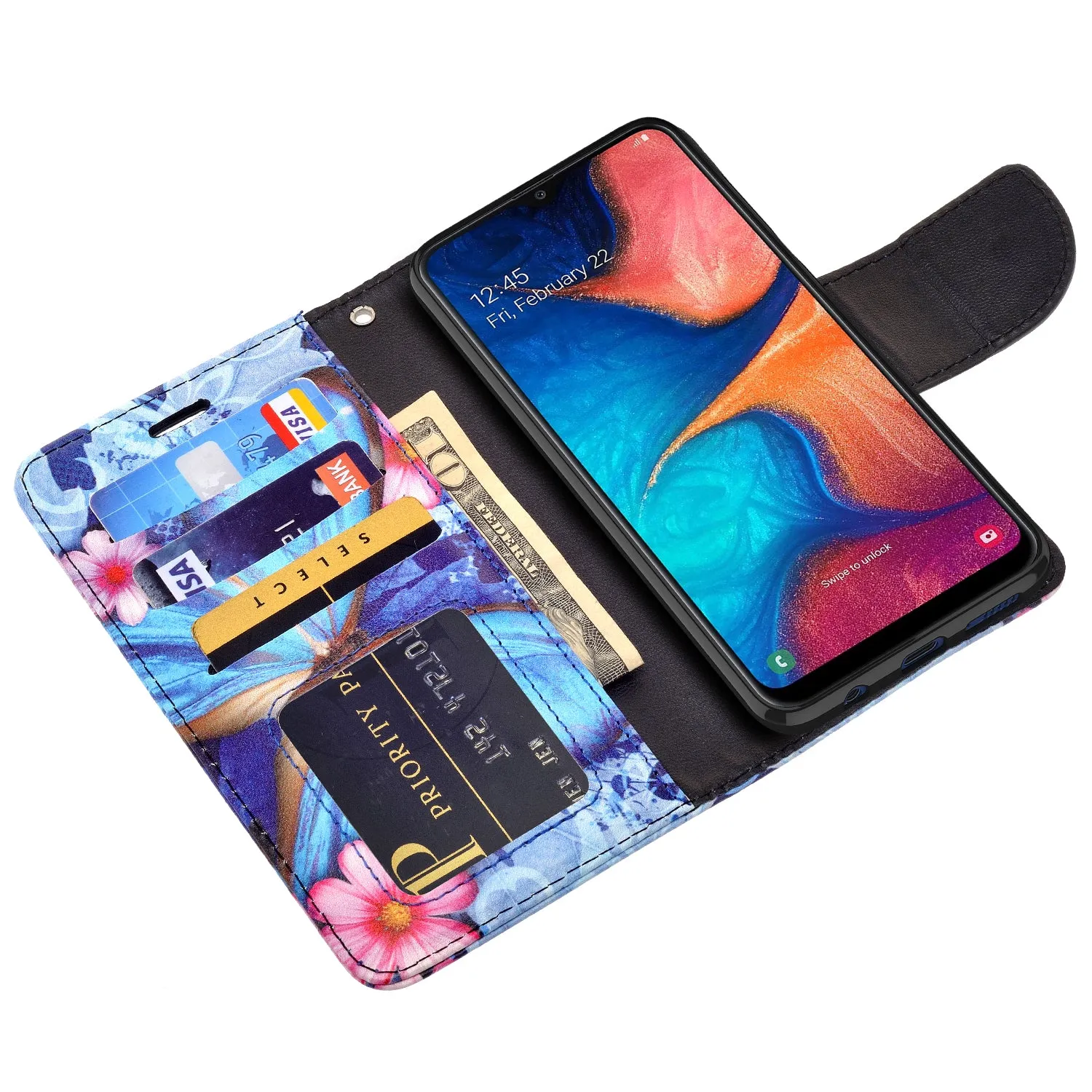 Samsung Galaxy A20 Case, Galaxy A20 Wallet Case, Wrist Strap Pu Leather Wallet Case [Kickstand] with ID & Credit Card Slots - Blue Butterfly