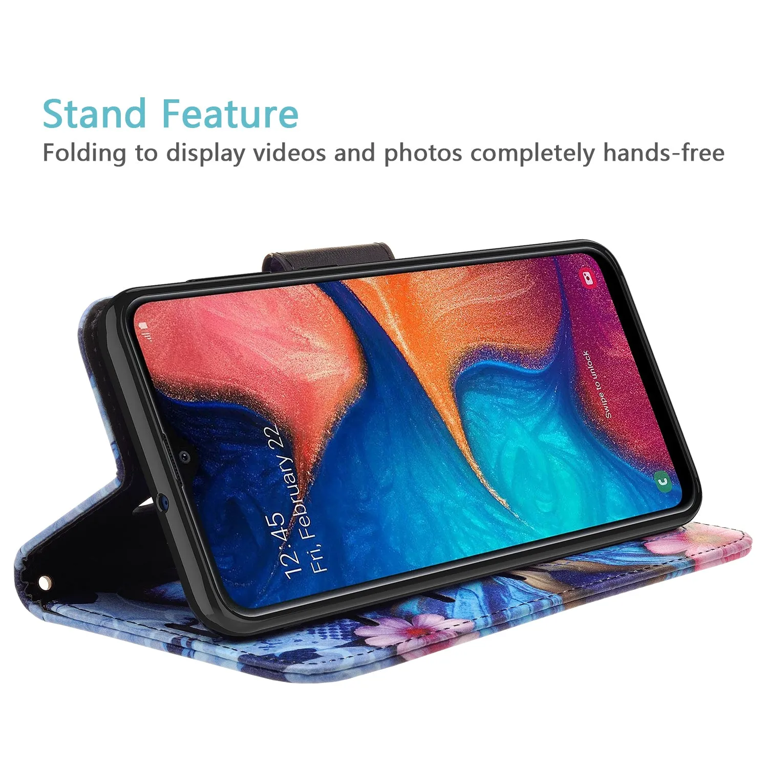 Samsung Galaxy A20 Case, Galaxy A20 Wallet Case, Wrist Strap Pu Leather Wallet Case [Kickstand] with ID & Credit Card Slots - Blue Butterfly