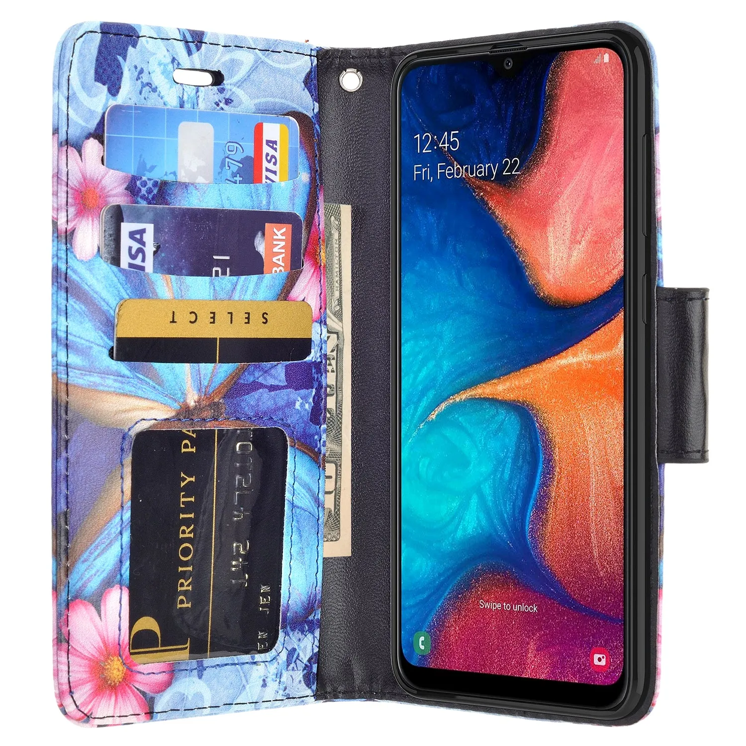 Samsung Galaxy A20 Case, Galaxy A20 Wallet Case, Wrist Strap Pu Leather Wallet Case [Kickstand] with ID & Credit Card Slots - Blue Butterfly