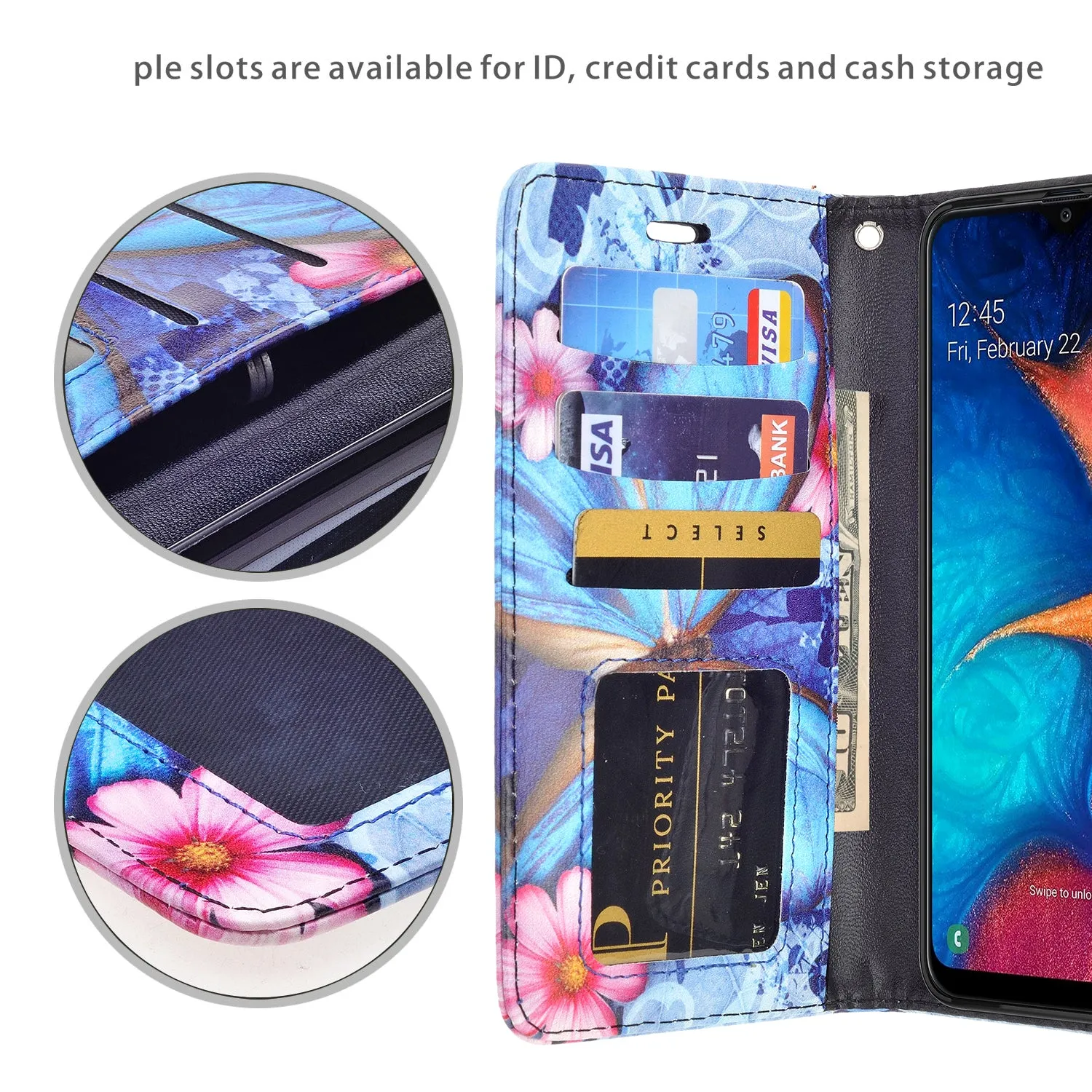 Samsung Galaxy A20 Case, Galaxy A20 Wallet Case, Wrist Strap Pu Leather Wallet Case [Kickstand] with ID & Credit Card Slots - Blue Butterfly