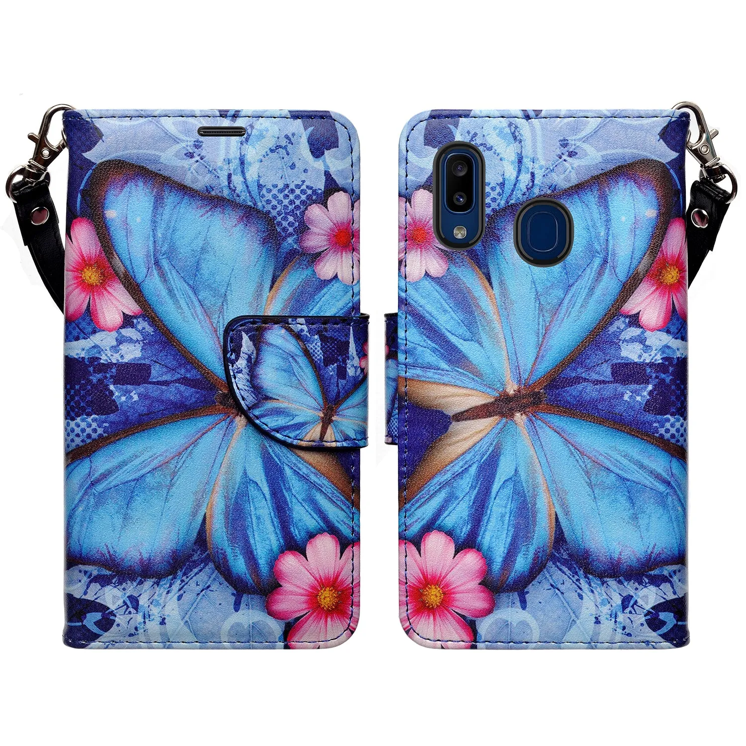 Samsung Galaxy A20 Case, Galaxy A20 Wallet Case, Wrist Strap Pu Leather Wallet Case [Kickstand] with ID & Credit Card Slots - Blue Butterfly