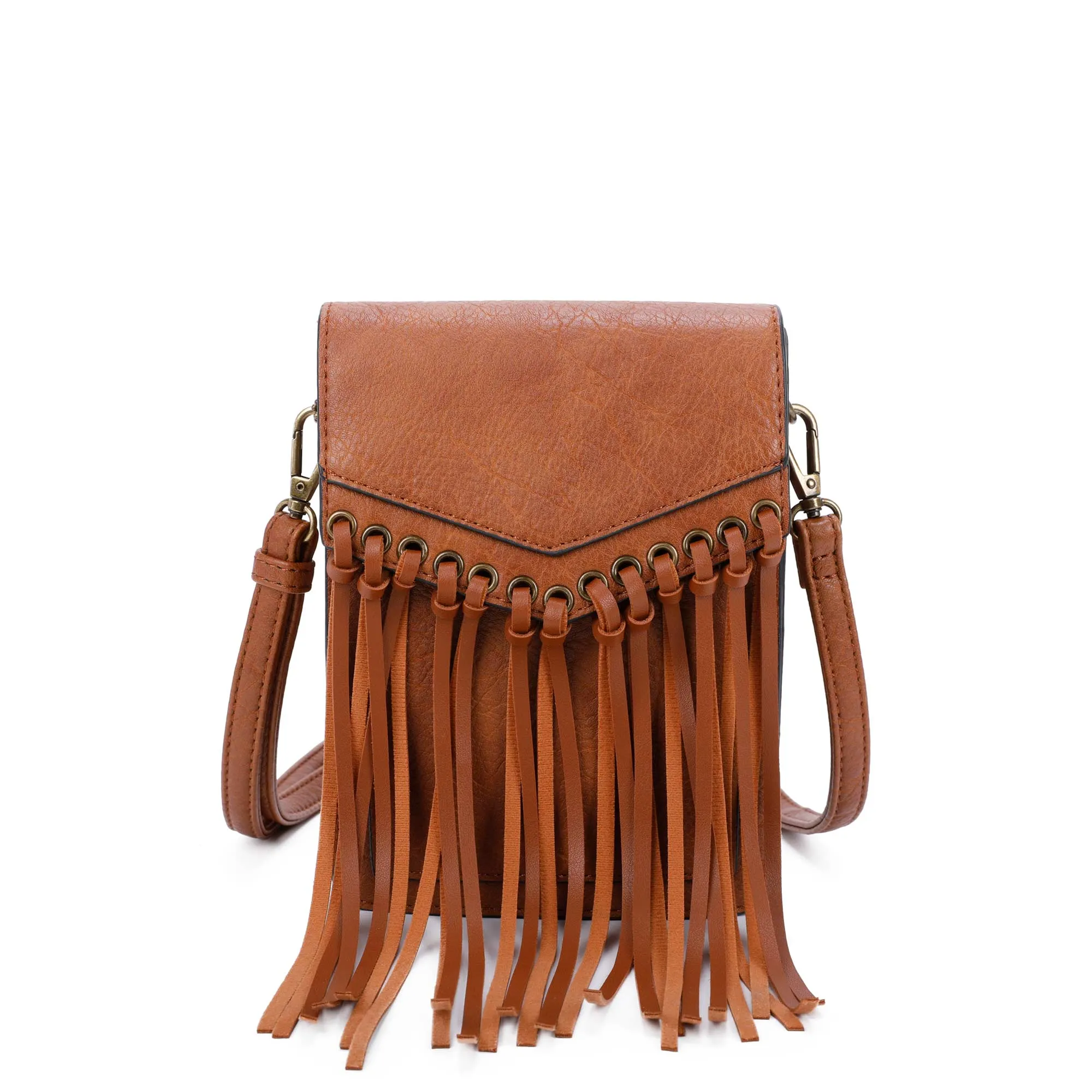 Scarlet Fringe Phonecase Crossbody in Cognac