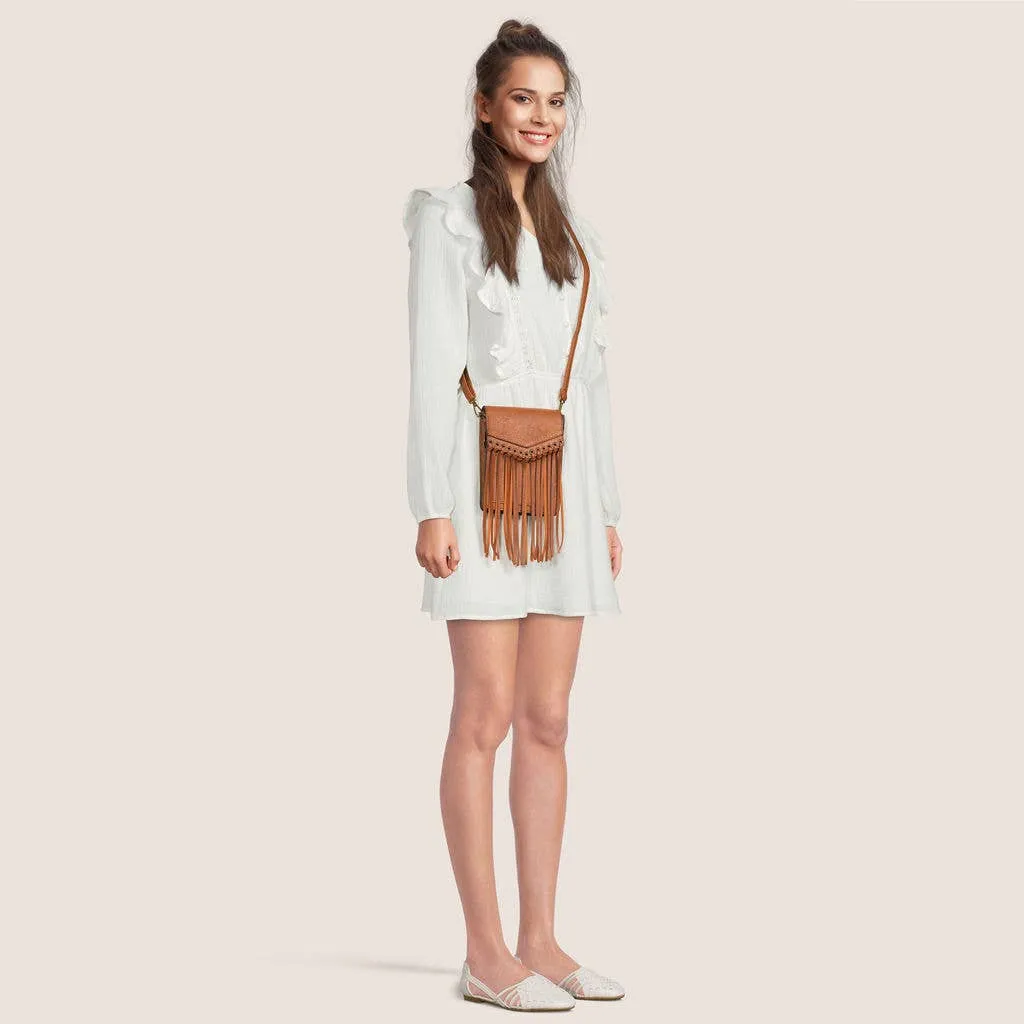 Scarlet Fringe Phonecase Crossbody in Cognac