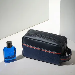 Shaving Kit with Double Zipper Leather Toiletry Bag | Premium Grooming Essentials & Travel Organizer for Men | Makeup Storage for Men | Color: Navy Blue