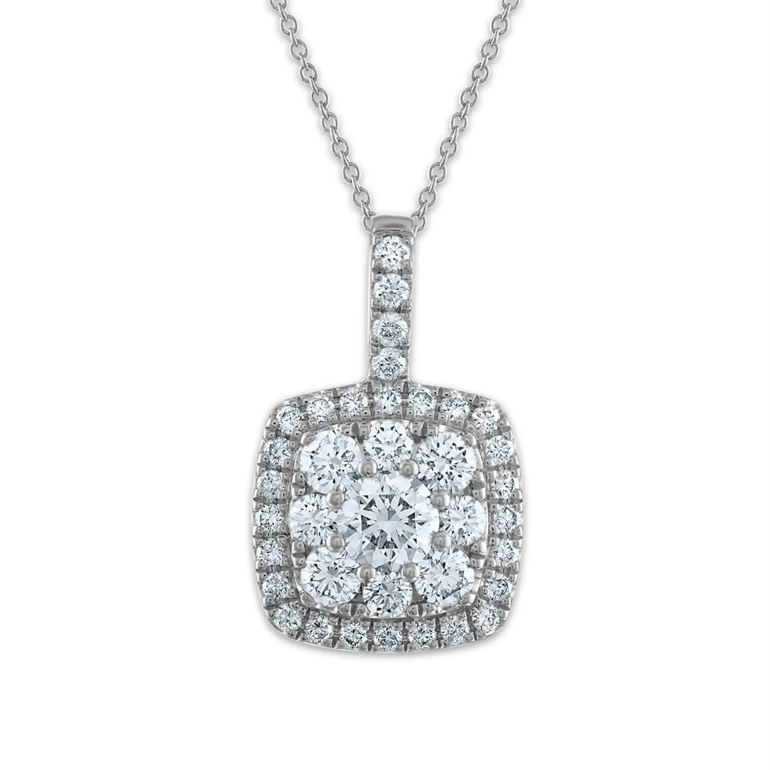 Signature EcoLove 1 CTW Lab Grown Diamond Halo Cluster Fashion Cushion Shaped 18-inch Pendant in 14KT White Gold