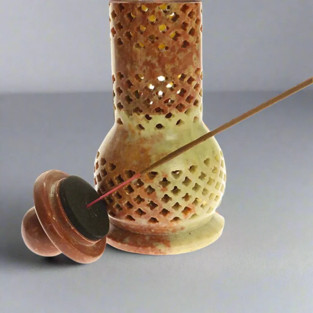 Soapstone Tower Genie cutwork carved Incense Burner - 10"