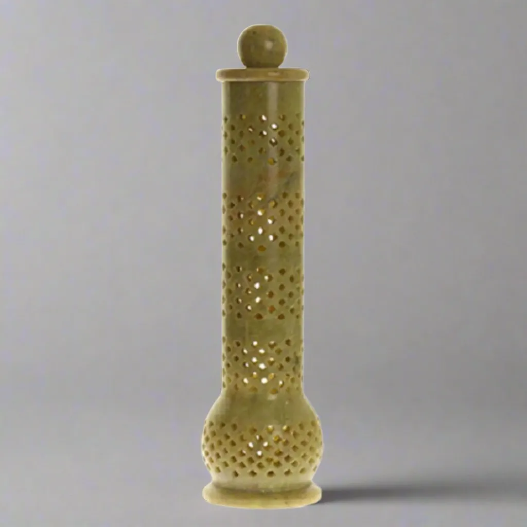 Soapstone Tower Genie cutwork carved Incense Burner - 10"