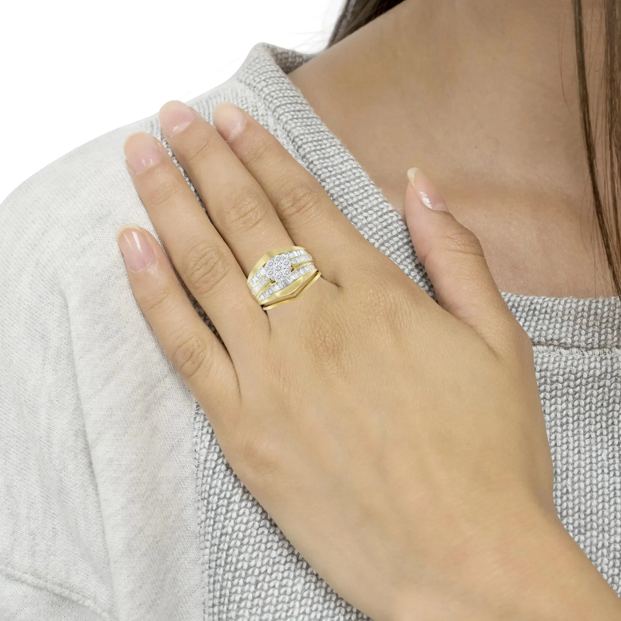 Stunning 14K Yellow Gold Diamond Engagement and Chevron Wedding Ring Set