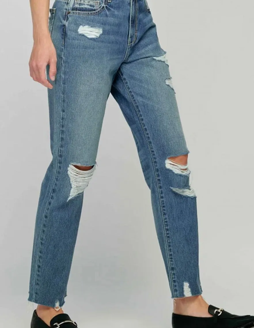 TRACEY MEDIUM WASH HIGH WAIST DISTRESSED STRAIGHT
