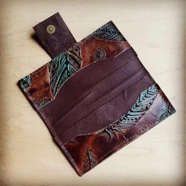 Turquoise Feather Embossed Leather Wallet with Snap