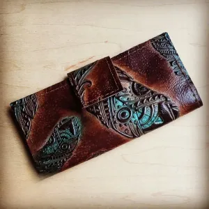 Turquoise Feather Embossed Leather Wallet with Snap