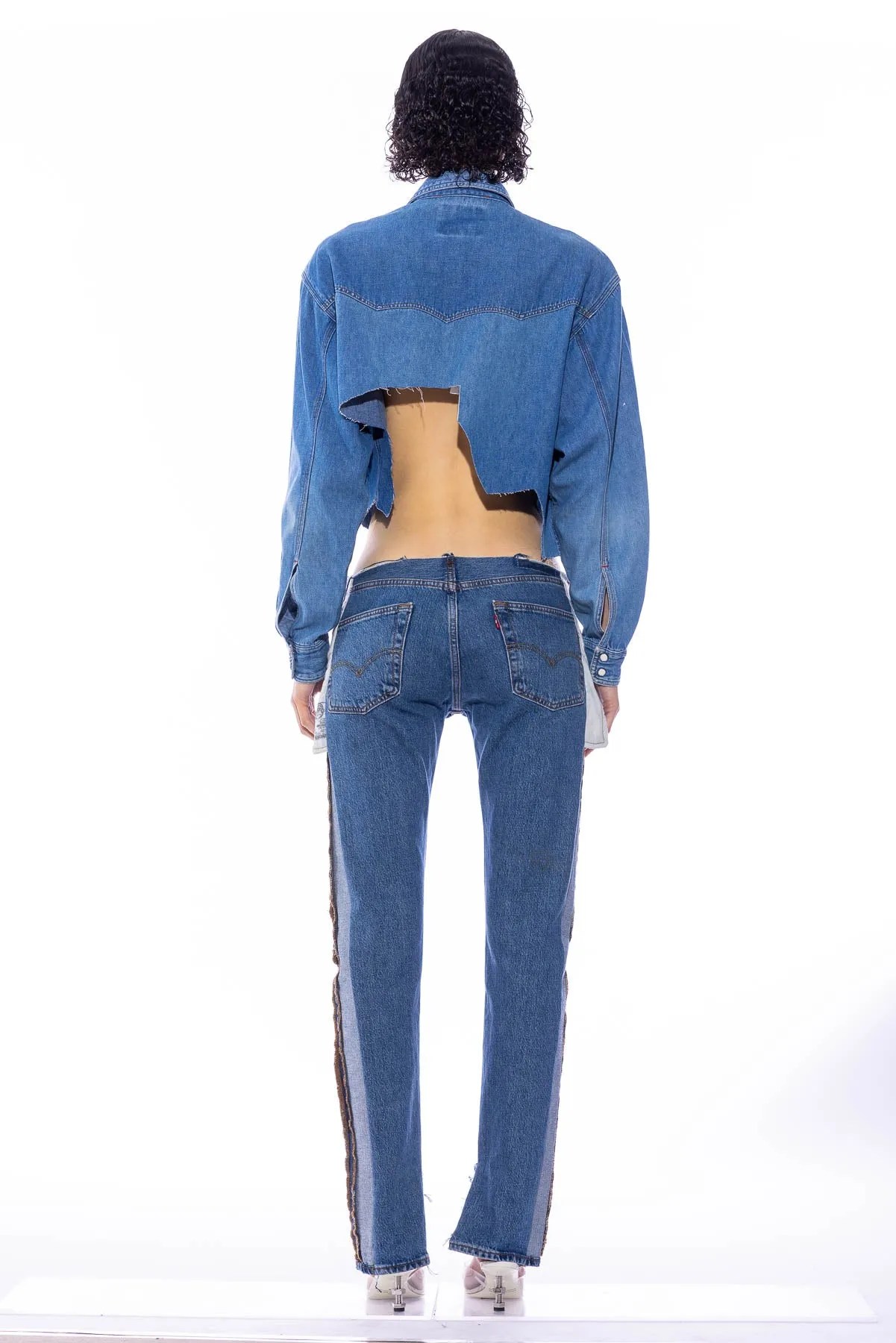 V CUT SAFETY PIN BLOUSE IN VINTAGE DENIM