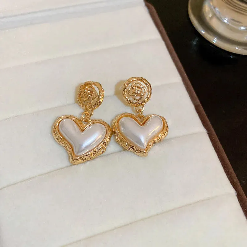 VAIGE Elegant Floral Design Metal Earrings with Heart-shaped Simulated Pearl Drops in Gold and Silver