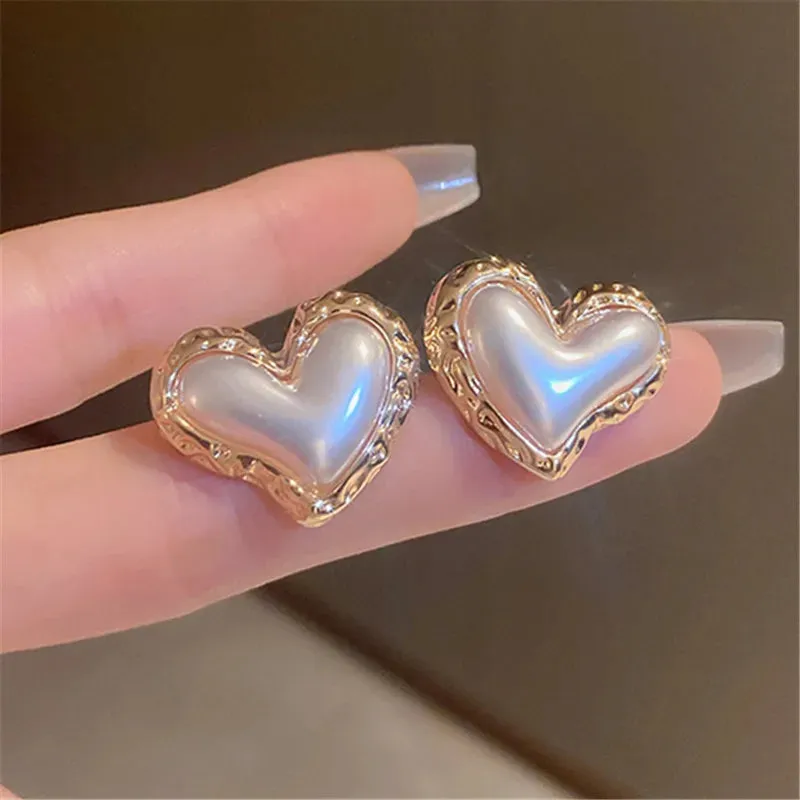 VAIGE Elegant Floral Design Metal Earrings with Heart-shaped Simulated Pearl Drops in Gold and Silver