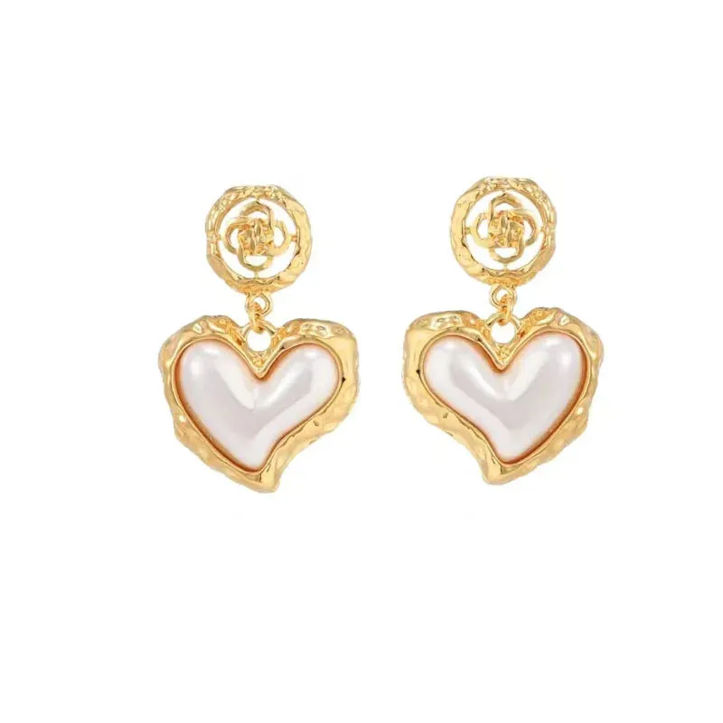 VAIGE Elegant Floral Design Metal Earrings with Heart-shaped Simulated Pearl Drops in Gold and Silver