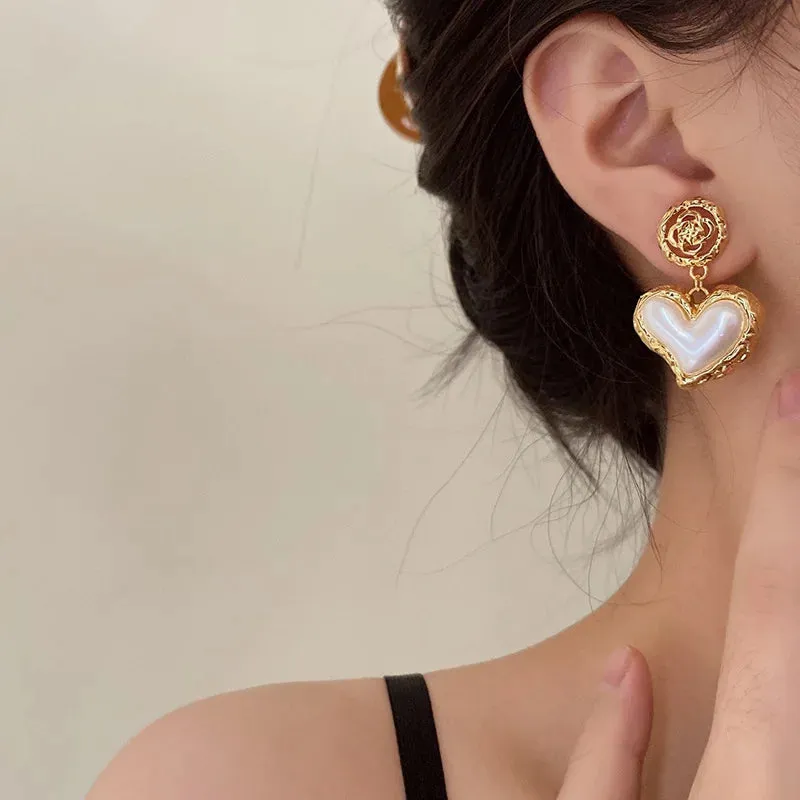 VAIGE Elegant Floral Design Metal Earrings with Heart-shaped Simulated Pearl Drops in Gold and Silver