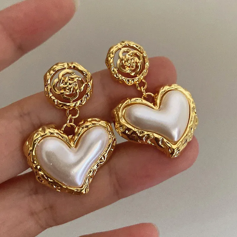 VAIGE Elegant Floral Design Metal Earrings with Heart-shaped Simulated Pearl Drops in Gold and Silver