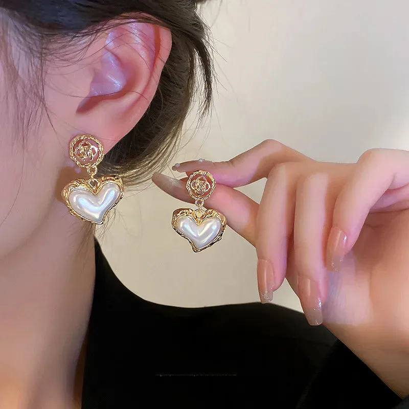 VAIGE Elegant Floral Design Metal Earrings with Heart-shaped Simulated Pearl Drops in Gold and Silver