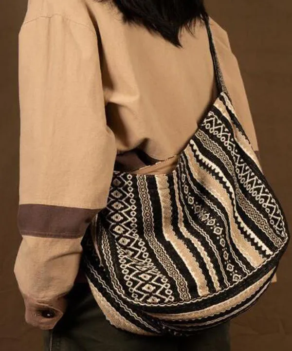 Vintage Brown Stripe Zippered Embroideried Linen Messenger Bag LY1755