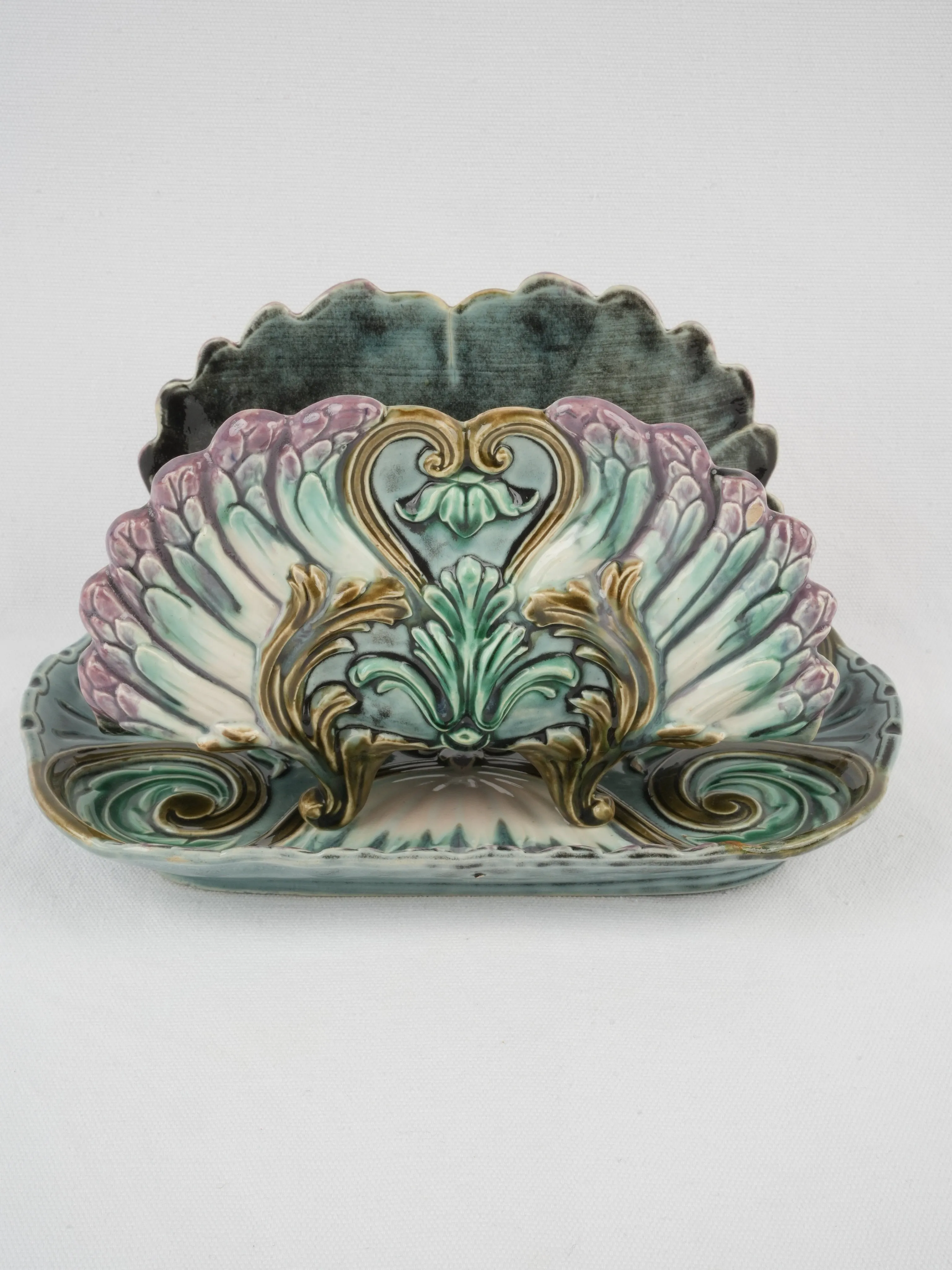 Vintage Majolica asparagus cradle w/ platter