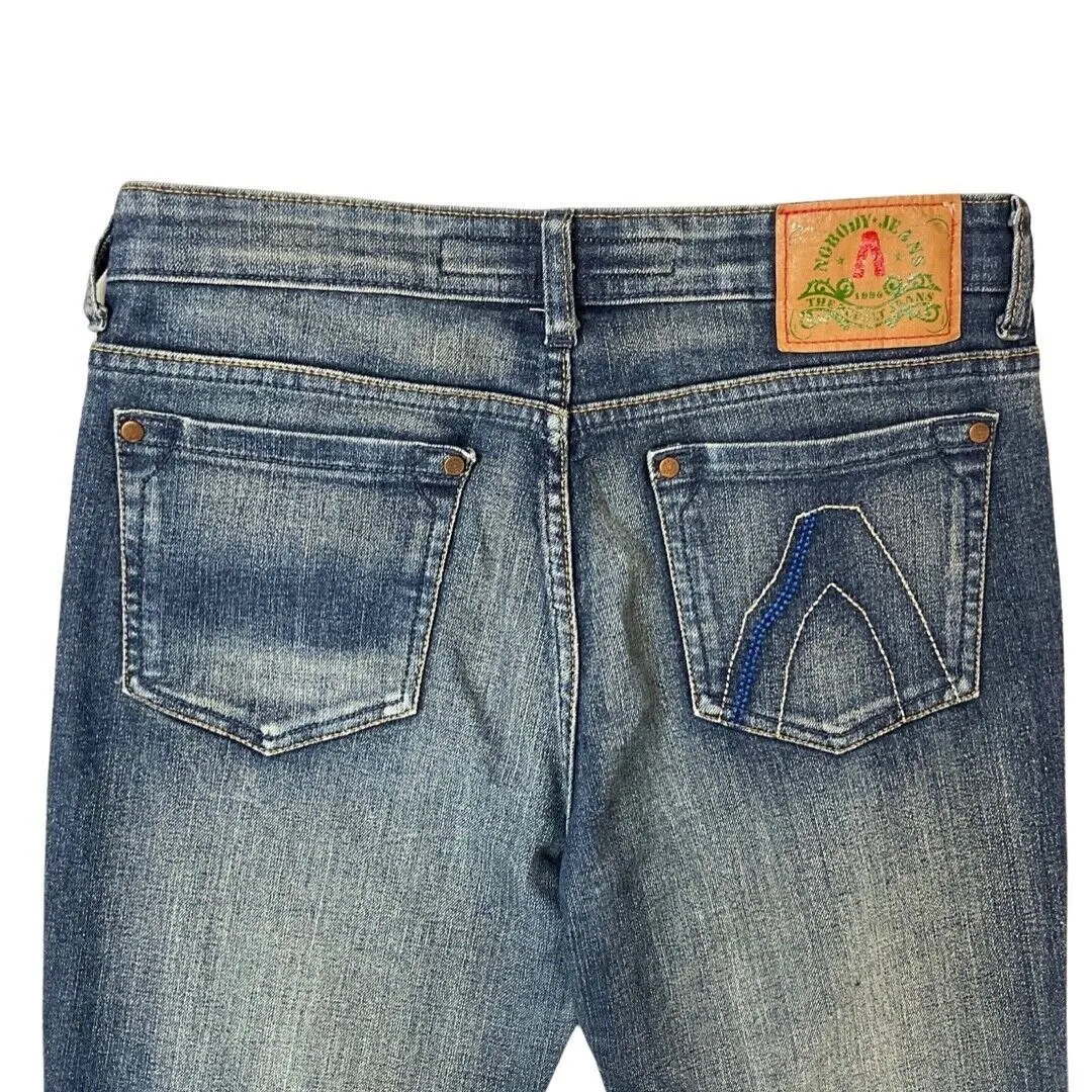 Vintage Y2K Dark Blue Nobody’s Distressed Bootcut Denim Jeans 30 Waist S
