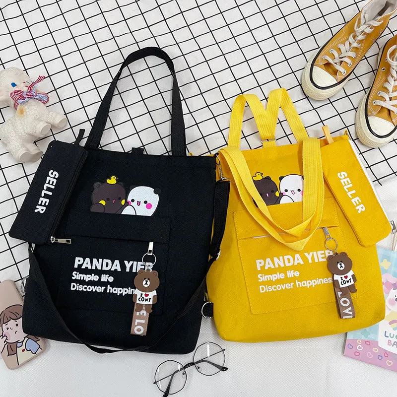 Wholesale Canvas Shoulder Bag Cartoon Bear Two-piece Student Double Back Canvas Bag Crossbody Large Capacity Tote Bag