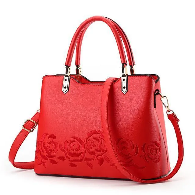 Women Premium Quality Faux-Leather Tote Messenger Crossbody Bag with Flower Embroidery